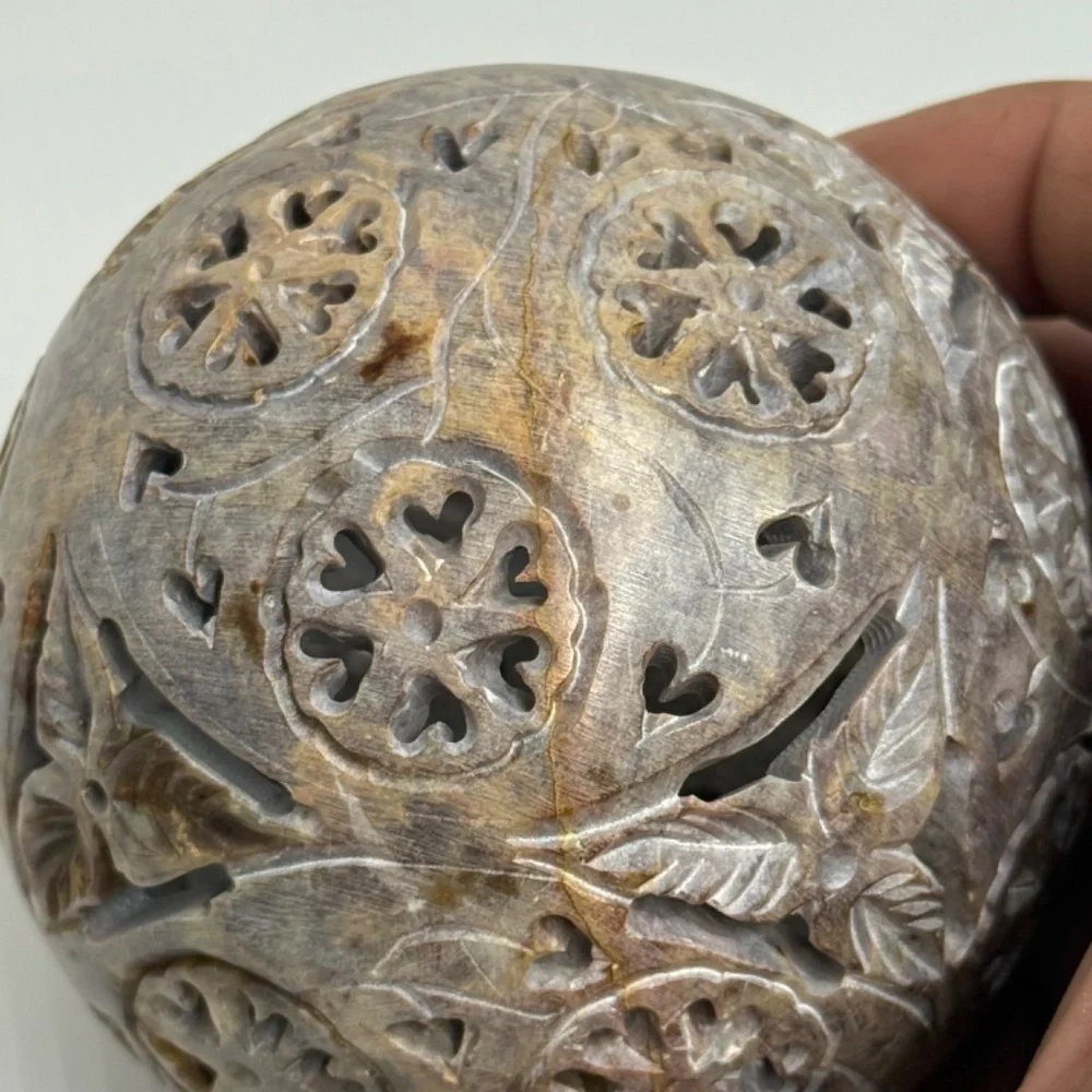 Hand Carved Soap Stone Tea light/Incense holder Orb/Sphere‎ with Base Tribal